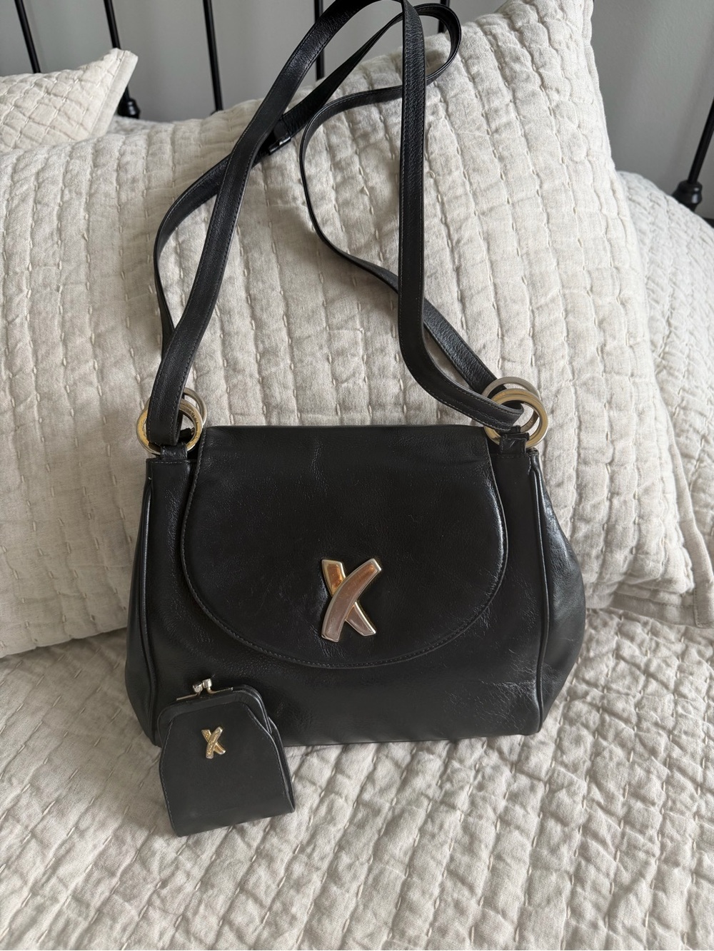 Paloma Picasso Black Leather Crossbody Bag & Matching Kiss lock Coin Purse